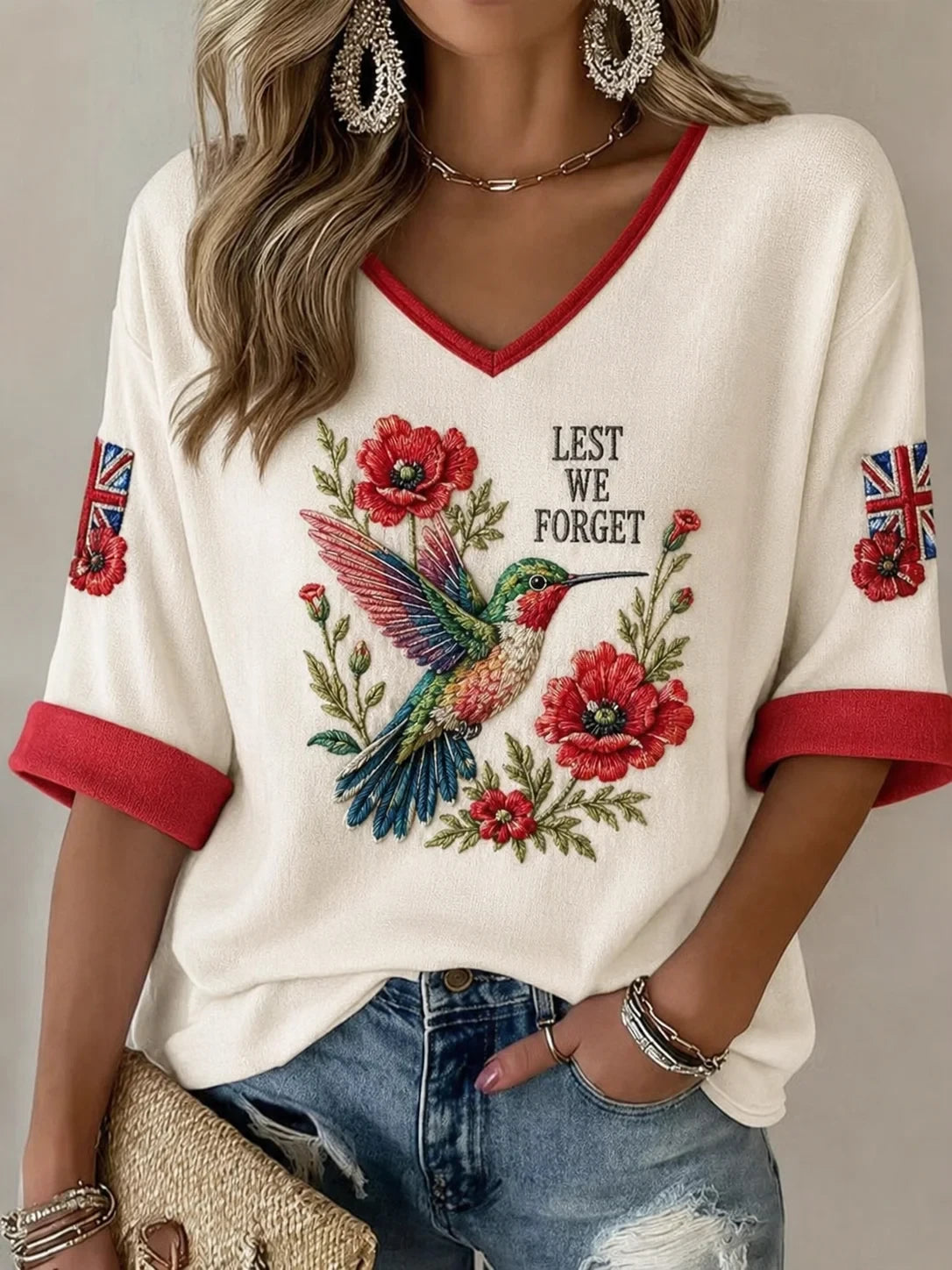 Lest We Forget V-Neck Long Sleeve Shirt Veteran Legacy Memorial Apparel Gift For Women - Foxy23shop