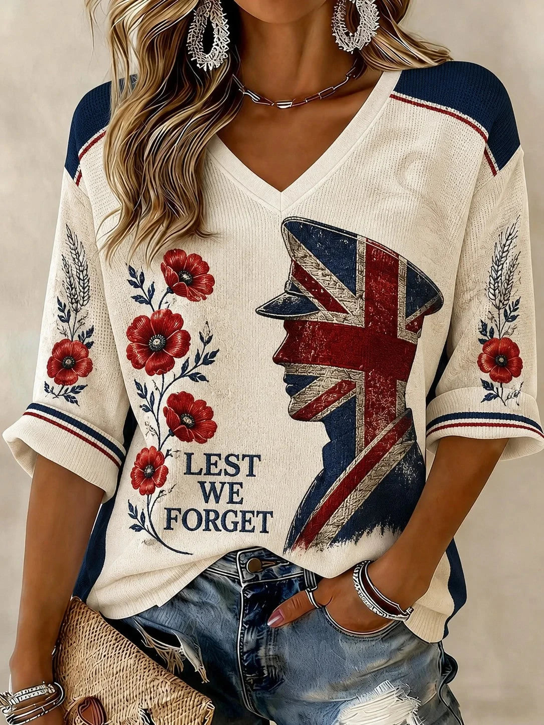 Lest We Forget V-Neck Long Sleeve Shirt Remember Their Sacrifice Shirt Gift For Moms - Foxy23shop
