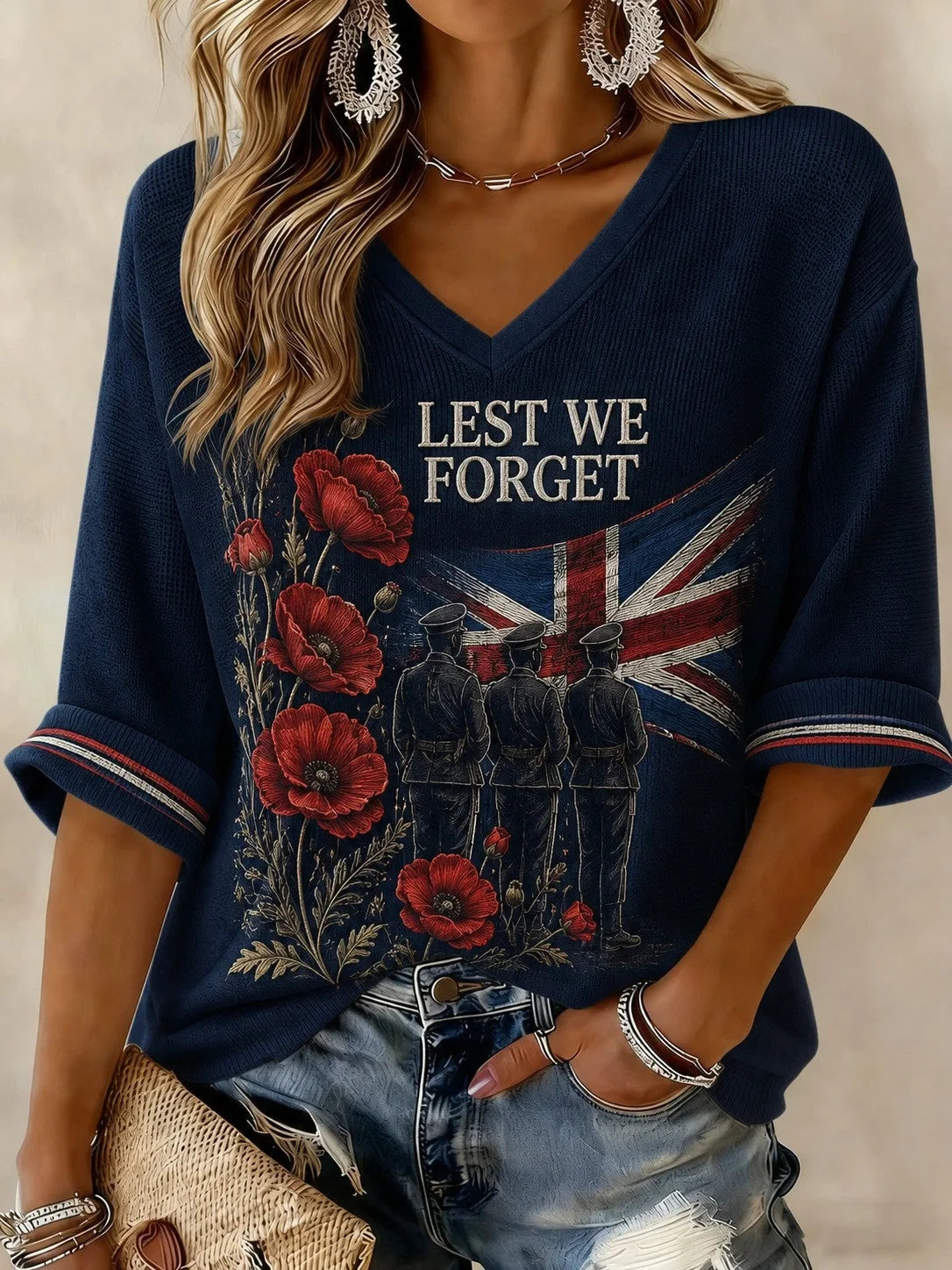 Lest We Forget V-Neck Long Sleeve Shirt Honor The Fallen Apparel Gift For Mothers - Foxy23shop