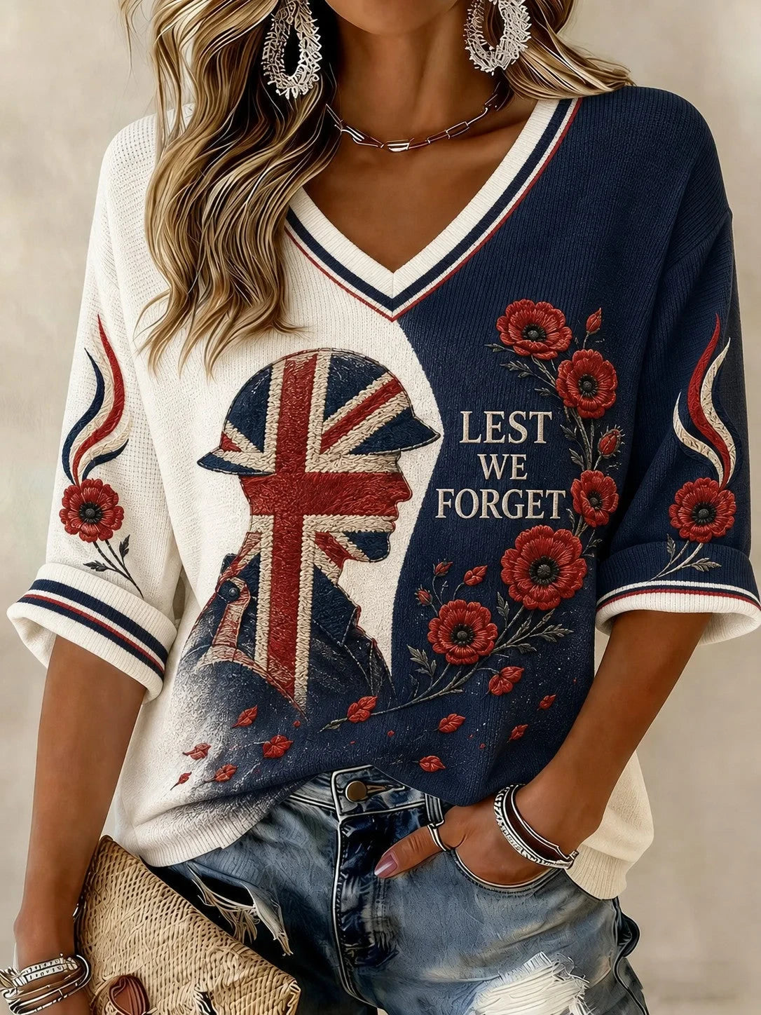Lest We Forget V-Neck Long Sleeve Shirt Fallen Heroes Remembrance Apparel Gift For Moms - Foxy23shop