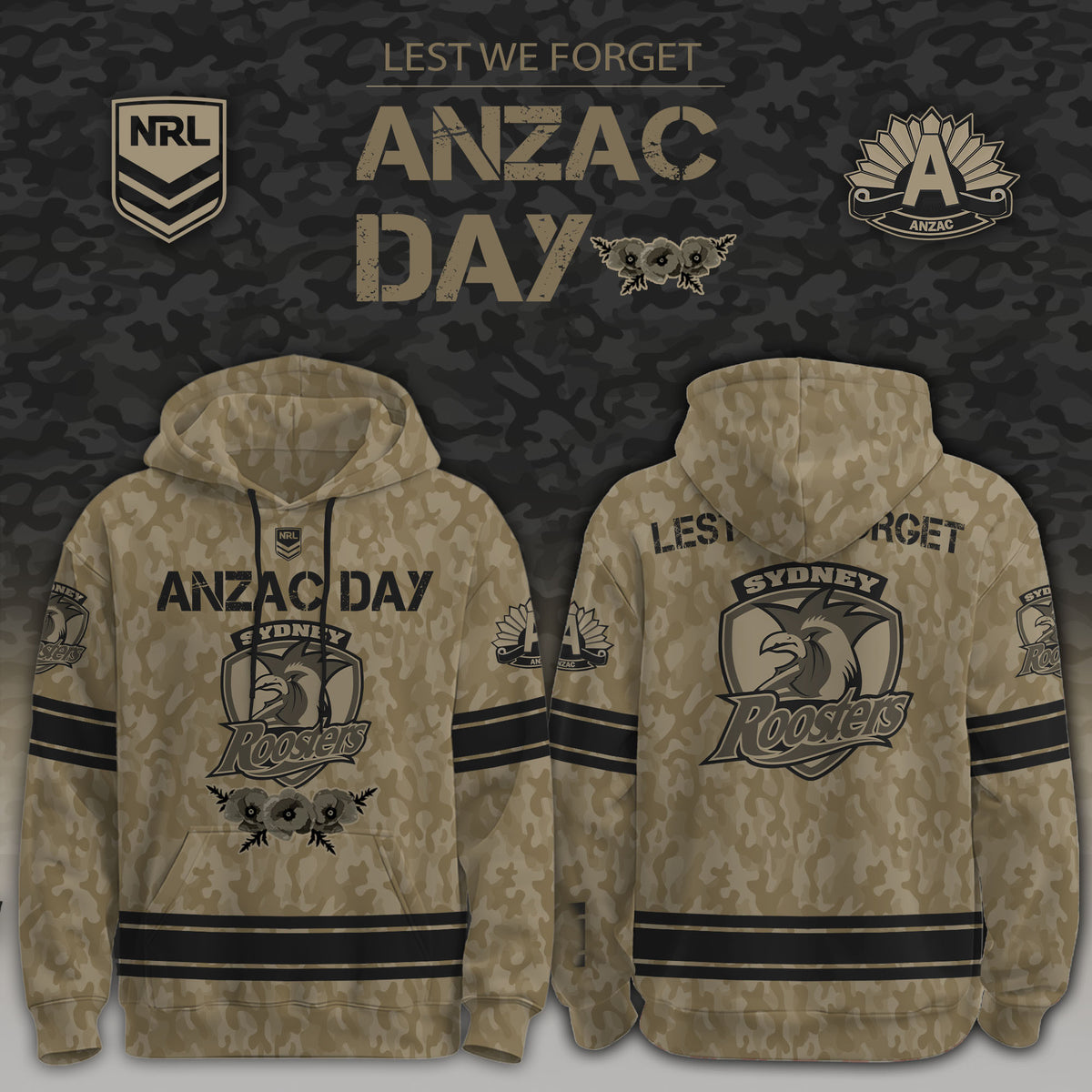 Sydney Roosters X Anzac Day Never Forget History Hoodie Sydney Roosters Clothing Gifts For Fans - Foxy23shop
