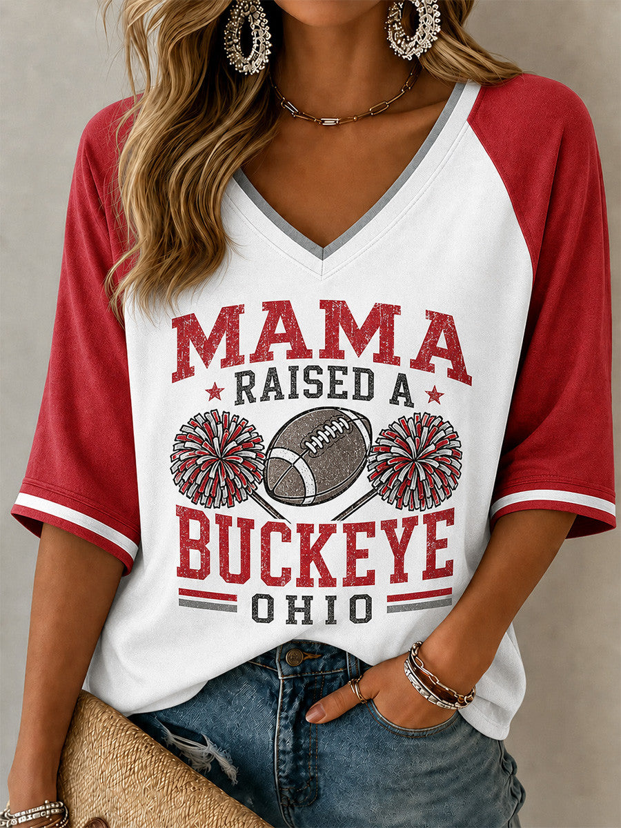 Ohio State Buckeyes Merch Mama Raised A Buckeye Ohio V-Neck Long Sleeve Shirt Fan Gifts - Foxy23shop