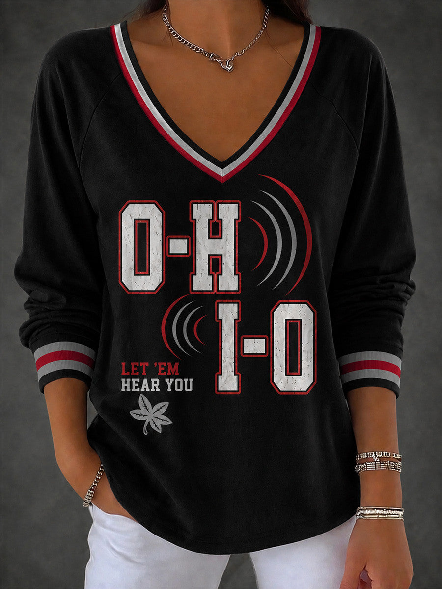 Ohio State Buckeyes Merch Let Em Hear You V-Neck Long Sleeve Shirt Ohio State Buckeyes Apparel - Foxy23shop