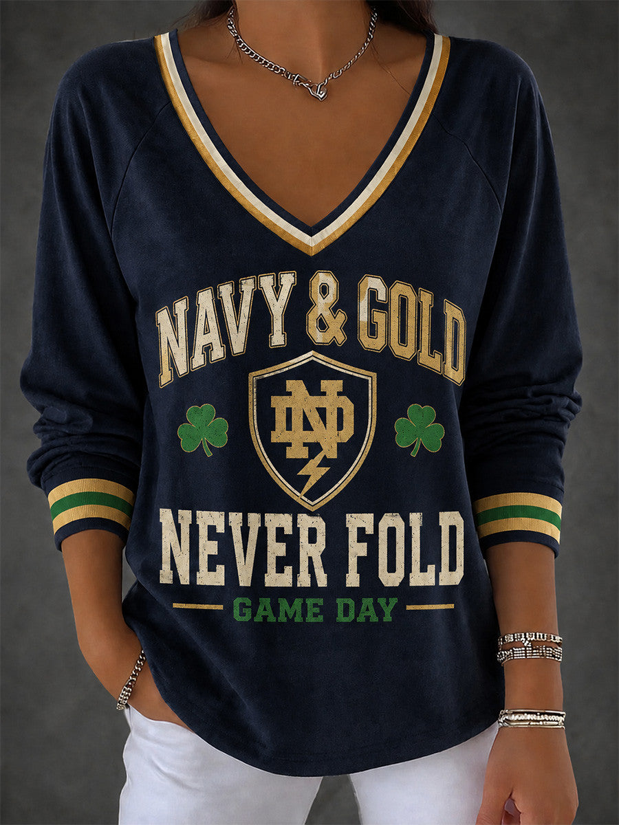 Notre Dame Fighting Irish Merch Navy And Gold Never Fold V-Neck Long Sleeve Shirt Fan Gear - Foxy23shop