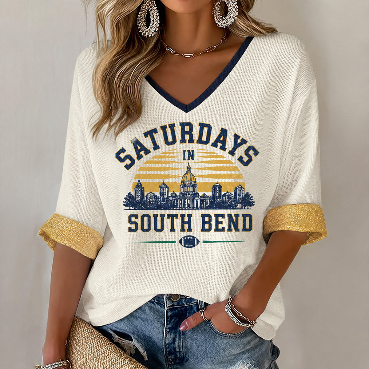 Notre Dame Fighting Irish Merch 2026 NCAA Saturdays In South Bend V-Neck Long Sleeve Shirt Fan Gear - Foxy23shop