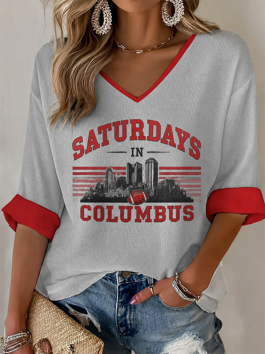 Ohio State Buckeyes Merch Saturdays In Columbus V-Neck Long Sleeve Shirt Gifts For Sister - Foxy23shop