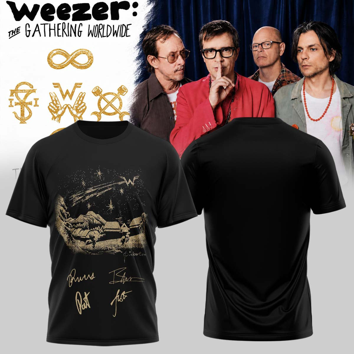 Weezer Merch Pinkerton Starry Night Tour Signature Black T-Shirt Gifts For Fans - Foxy23shop