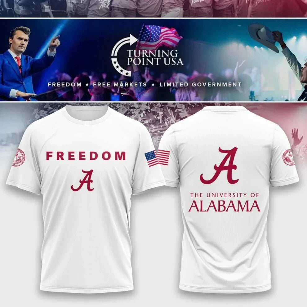 Alabama Crimson Tide x Turning Point USA White T-Shirt Charlie Kirk Freedom Merch Gifts For Fan - Foxy23shop