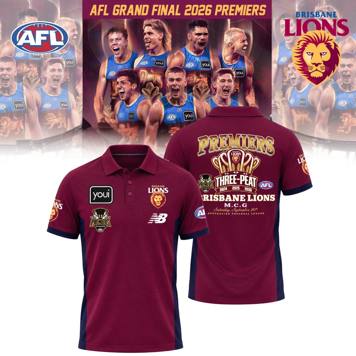 Brisbane Lions Merch 2026 Three Peat Premiers Polo Shirt Brisbane Lions Clothing - Foxy23shop