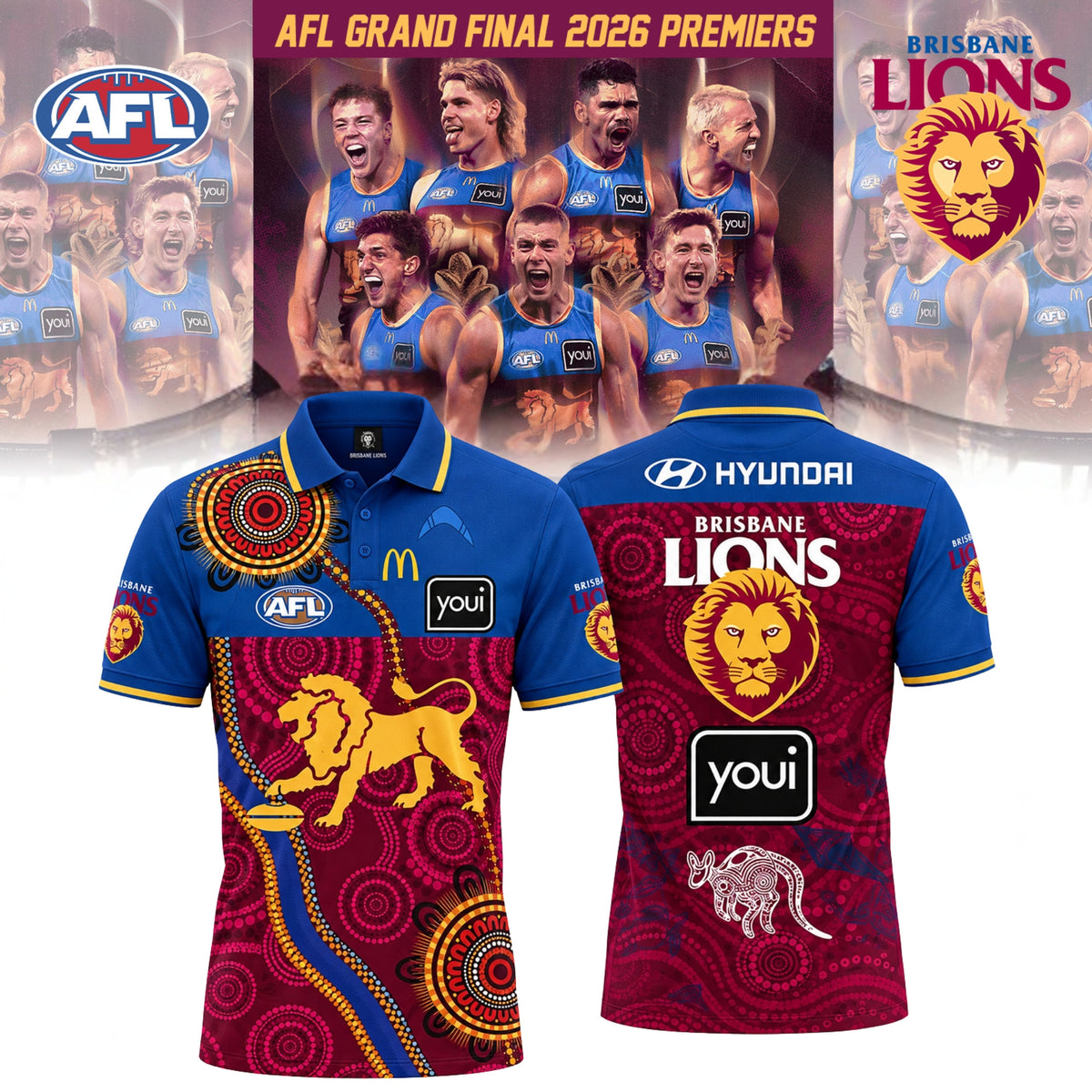 Brisbane Lions Merch 2026 Three Peat Premiers Polo Shirt Gifts For Brisbane Lions Fans - Foxy23shop