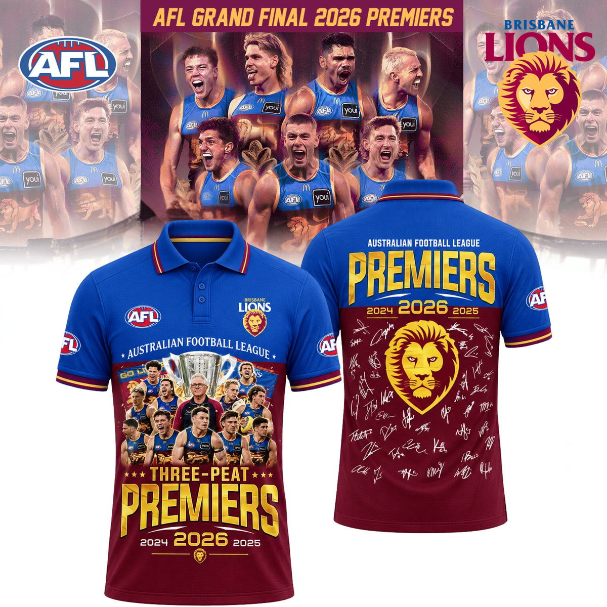 Brisbane Lions Merch 2026 Three Peat Premiers Polo Shirt Presents For Brisbane Lions Fans - Foxy23shop