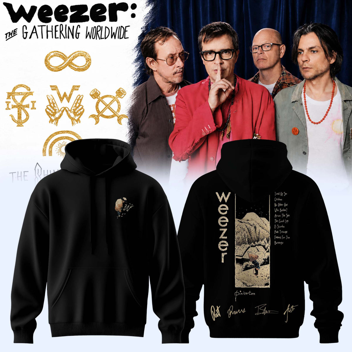 Weezer Merch Pinkerton Starry Night Tour Signed Hoodie Rock Lover Presents - Foxy23shop