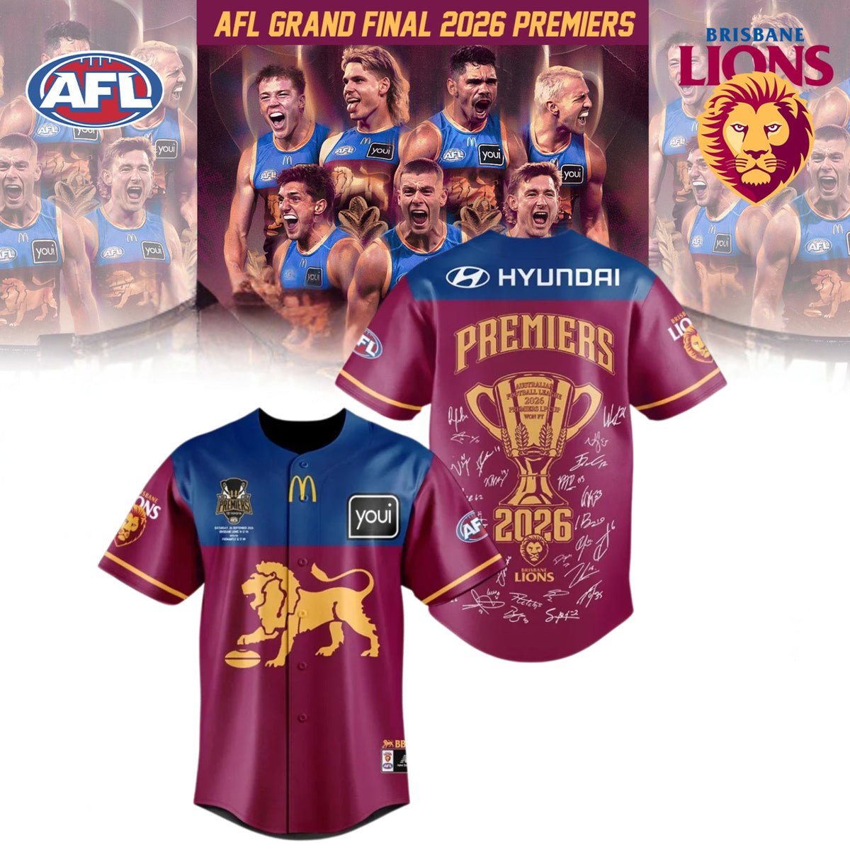 Brisbane Lions Merch 2026 Three Peat Premiers Baseball Jersey Brisbane Lions Clothing Fan Gear - Foxy23shop