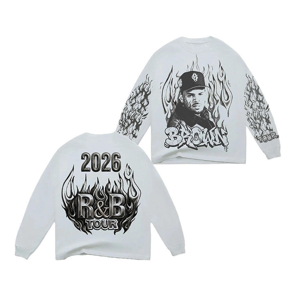 R B Tour Merch Chris Brown R&B Tour Flame White Long Sleeve Shirt Gifts For Fans - Foxy23shop