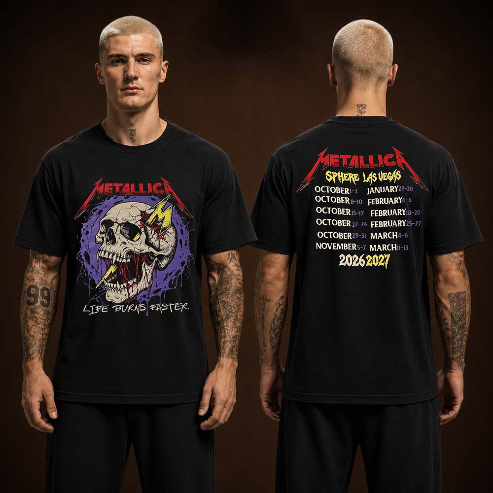 Metallica Las Vegas Life Burns Faster Tour 2026 2027 At Sphere Black T-Shirt Metallica Clothing Fan Gifts - Foxy23shop