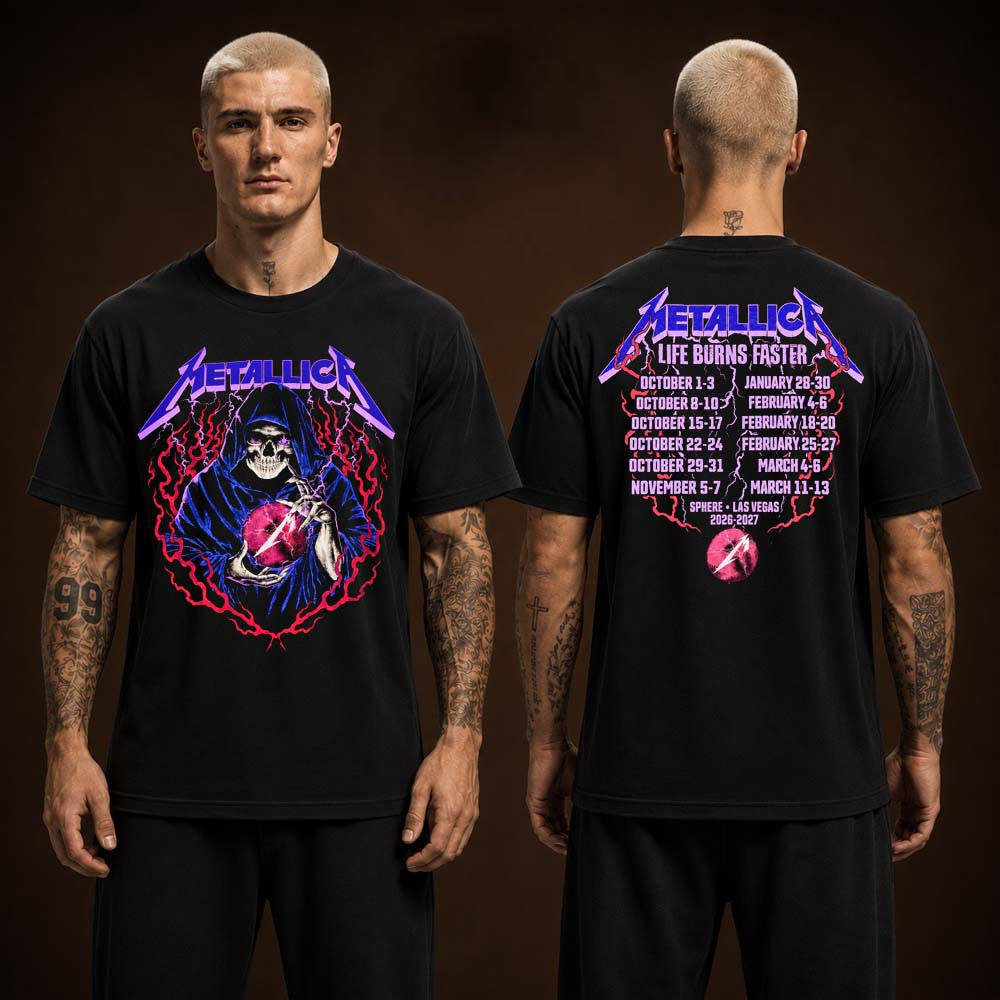 Metallica Merch Life Burns Faster Tour 2026 2027 Las Vegas At Sphere Vintage Skull Wizard T-Shirt Fan Gift - Foxy23shop