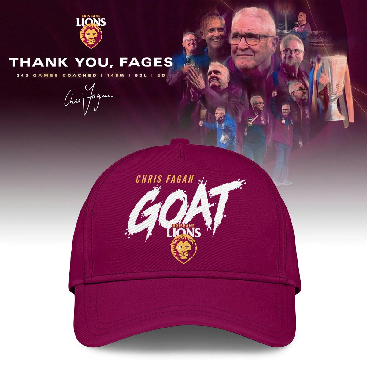 Brisbane Lions Chris Fagan GOAT Tribute Hat Brisbane Lions Baseball Cap Fan Gifts - Foxy23shop