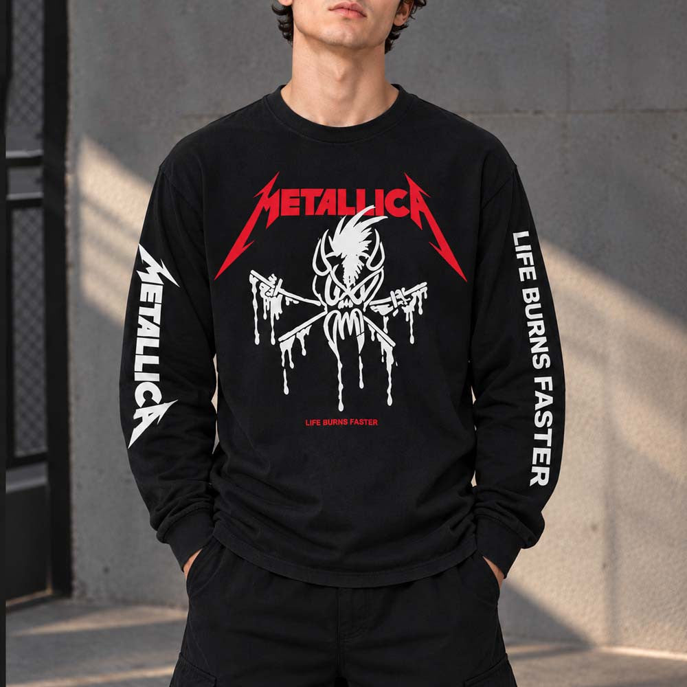 Metallica Merch Life Burns Faster 2026 Tour Vintage Graphic Scary Guy Long Sleeve Shirt Metallica Apparel - Foxy23shop