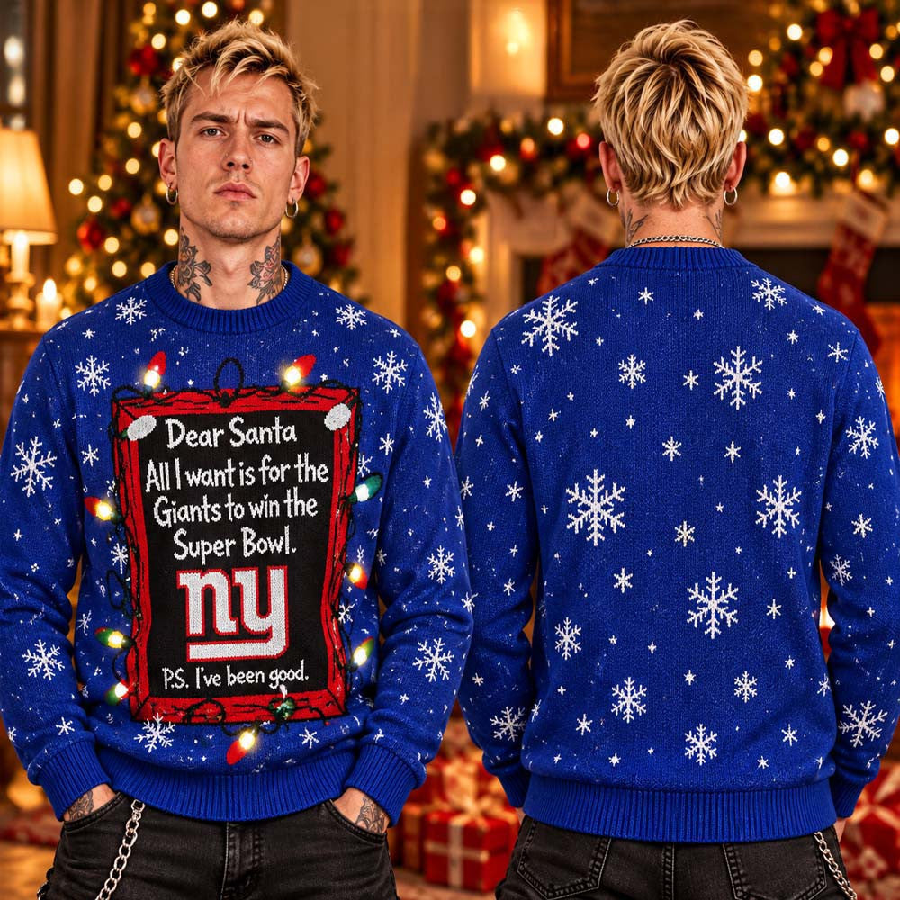 New York Giants NFL 2026 Dear Santa Light Up Ugly Christmas Sweater Winter Apparel Gifts For Giants Fan - Foxy23shop
