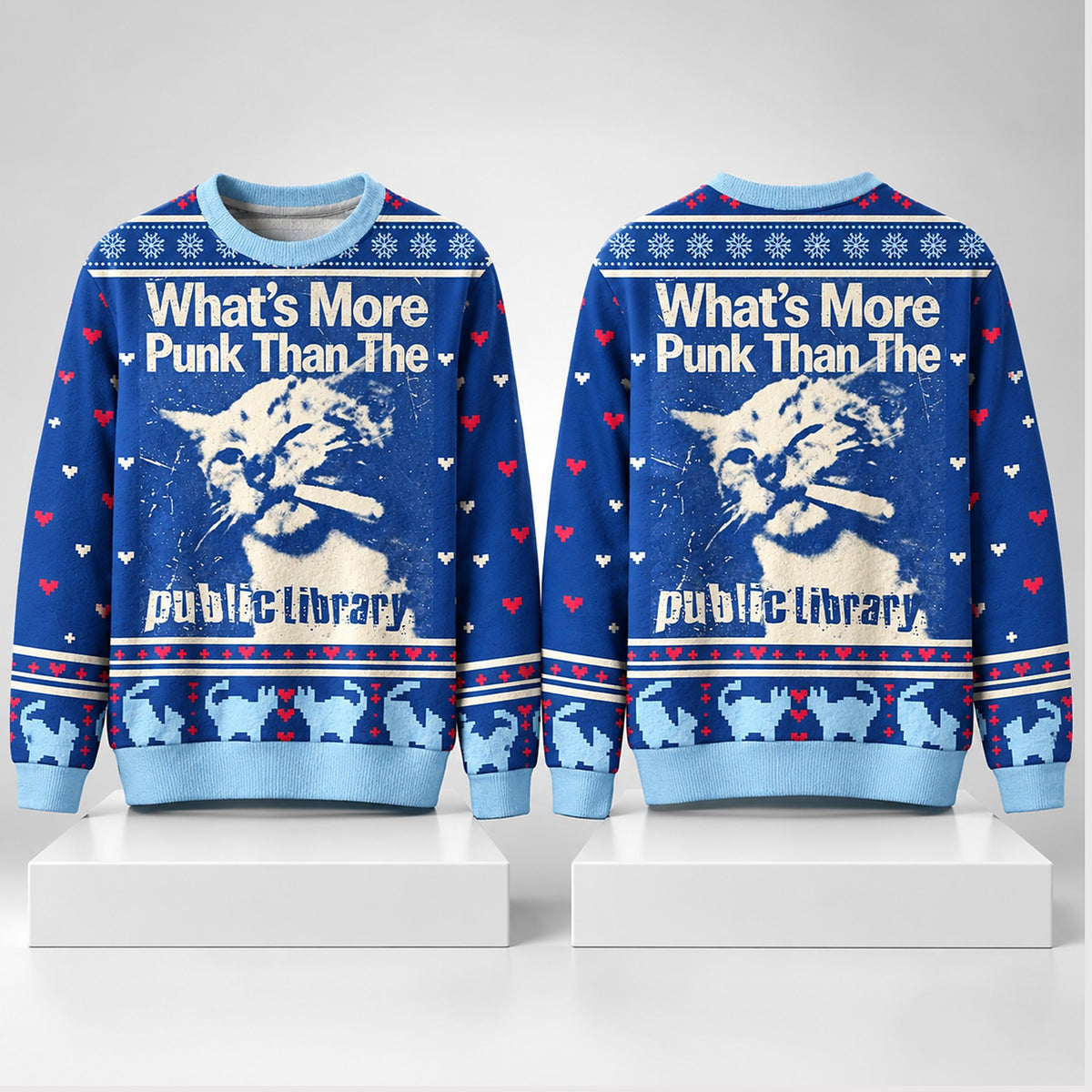 Whats More Punk Than The Public Library Cat Christmas Ugly Sweater Xmas Gifts For Bookish - Foxy23shop