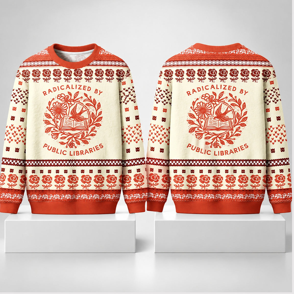 Radicalized By Public Libraries Flower Christmas 2026 Ugly Sweater Christmas Gifts For Bookworms - Foxy23shop