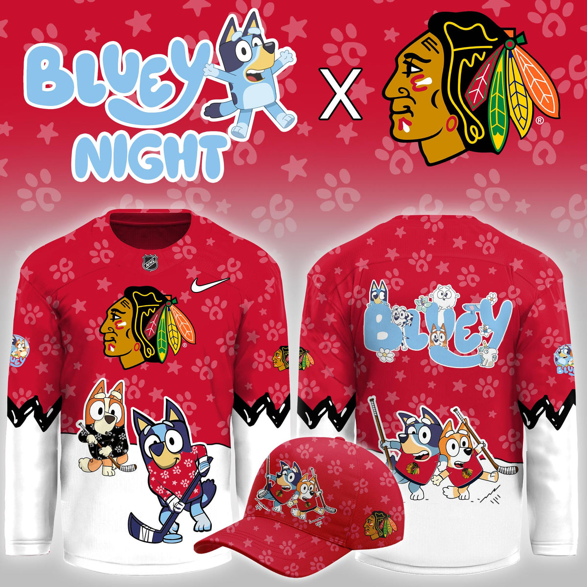 Chicago Blackhawks Merch 2026 NHL Bluey Night Jersey Great Gifts For Hockey Fans - Foxy23shop