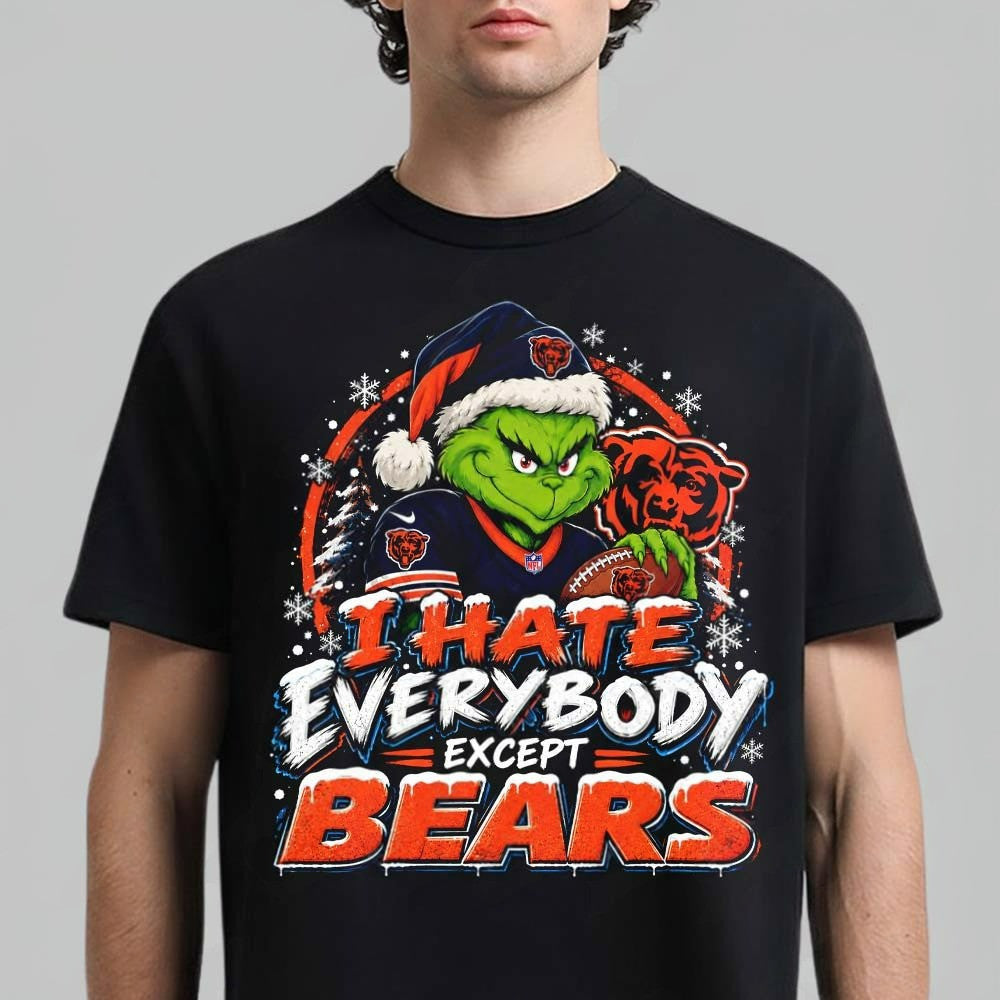 Chicago Bears Grinch I Hate Everybody Except Bears NFL Fans Christmas T-Shirt Gifts For Bears Fans - Foxy23shop