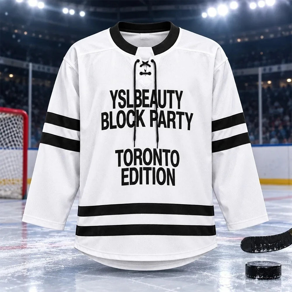 YSL Beauty Block Party Toronto White Hockey Jersey YSL Beauty_s Global Experiential Tour Clothing - Foxy23shop
