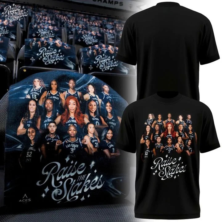 Las Vegas Aces Merch Raise The Stakes Black T-Shirt Las Vegas Aces Gear - Foxy23shop