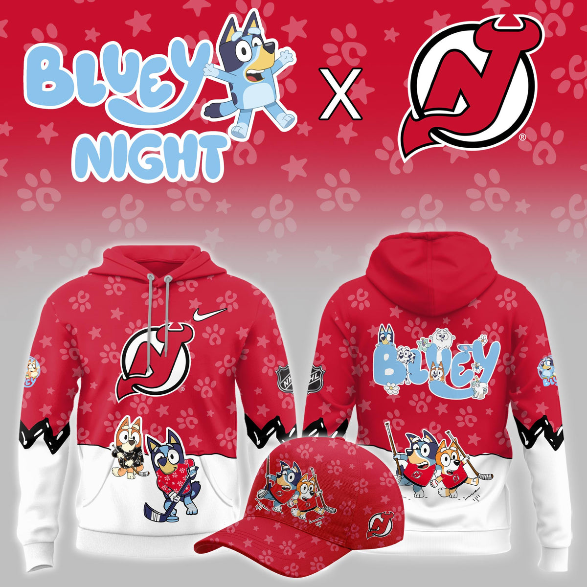 New Jersey Devils Merch 2026 NHL Bluey Night Game Hoodie Gifts Idea For Hockey Lovers - Foxy23shop