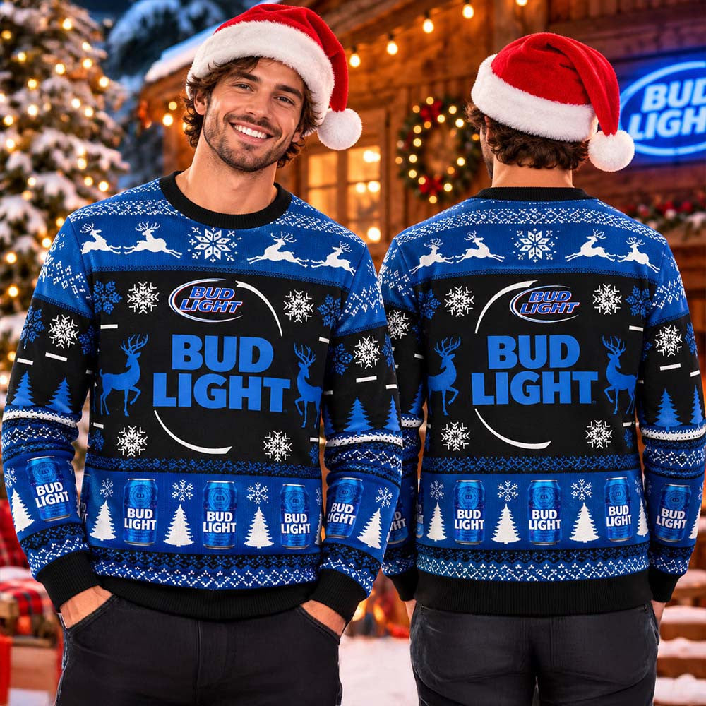 Bud Light Big Logo With Reindeer Detail Christmas Ugly Sweater Xmas Clothing Gift For Him - Foxy23shop