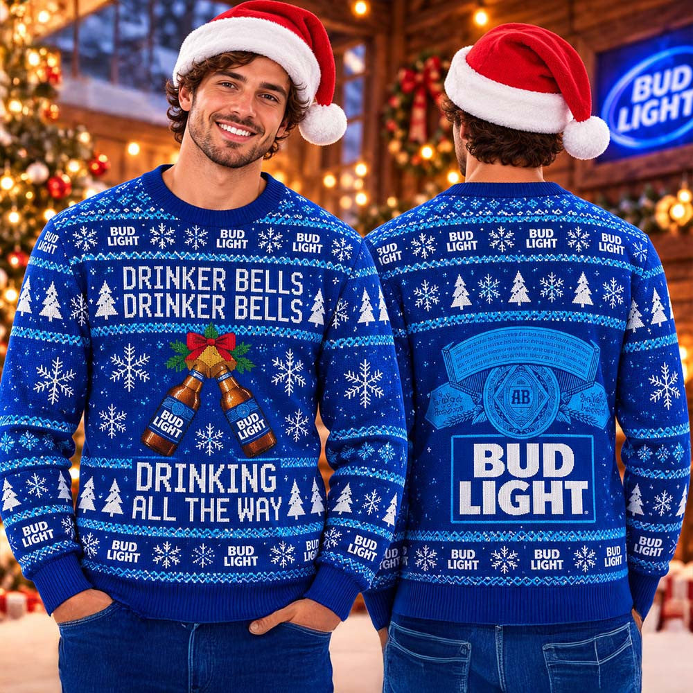 Bud Light Cheering Drinker Bells Drinker Bells Drinking All The Way Funny Xmas Ugly Sweater Gifts For Him - Foxy23shop