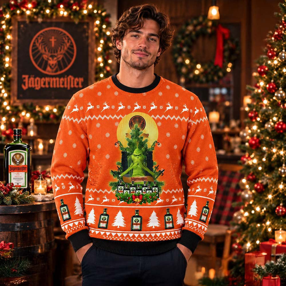 Jagermeister X Grinch Sitting Orange Knitting Christmas Ugly Sweater Xmas Gifts For Husband - Foxy23shop