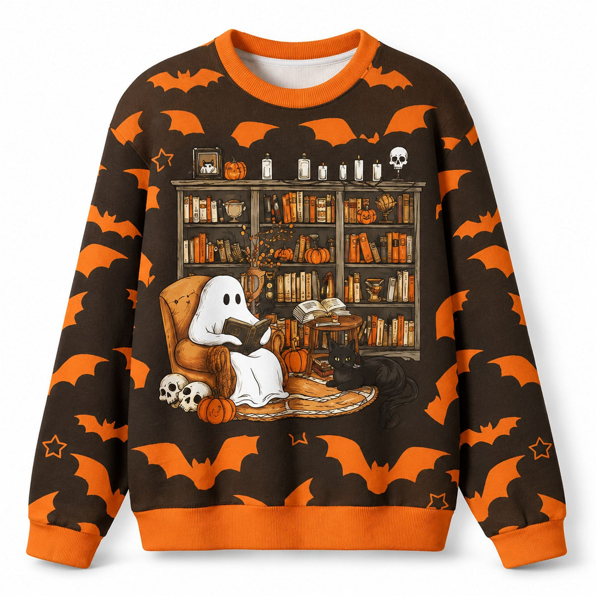 Reading Ghost And Black Cat Halloween Ugly Sweater Spooky Season Clothing Gifts For Wife - Foxy23shop