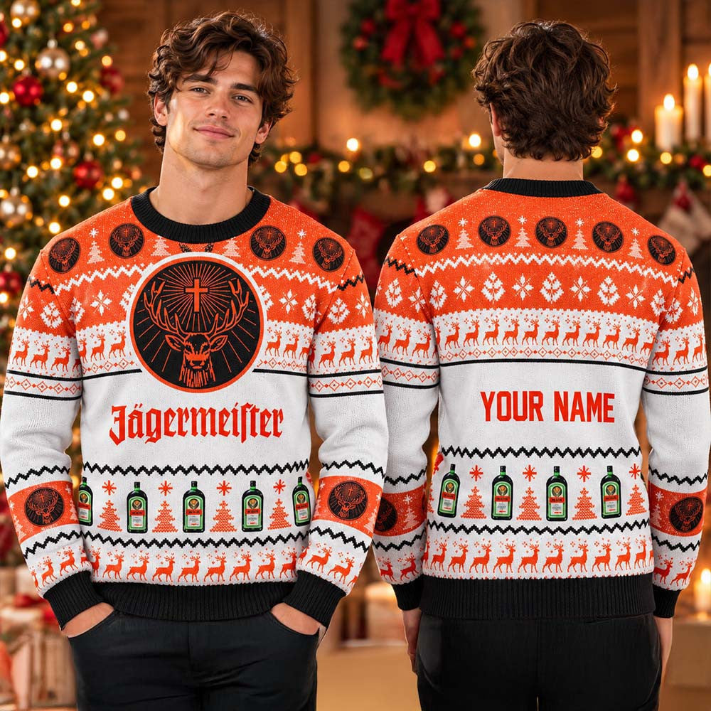 Custom Jagermeister Spirit Big Orange Logo Bottles Pattern Ugly Sweater Xmas Clothes Gifts For Dad - Foxy23shop
