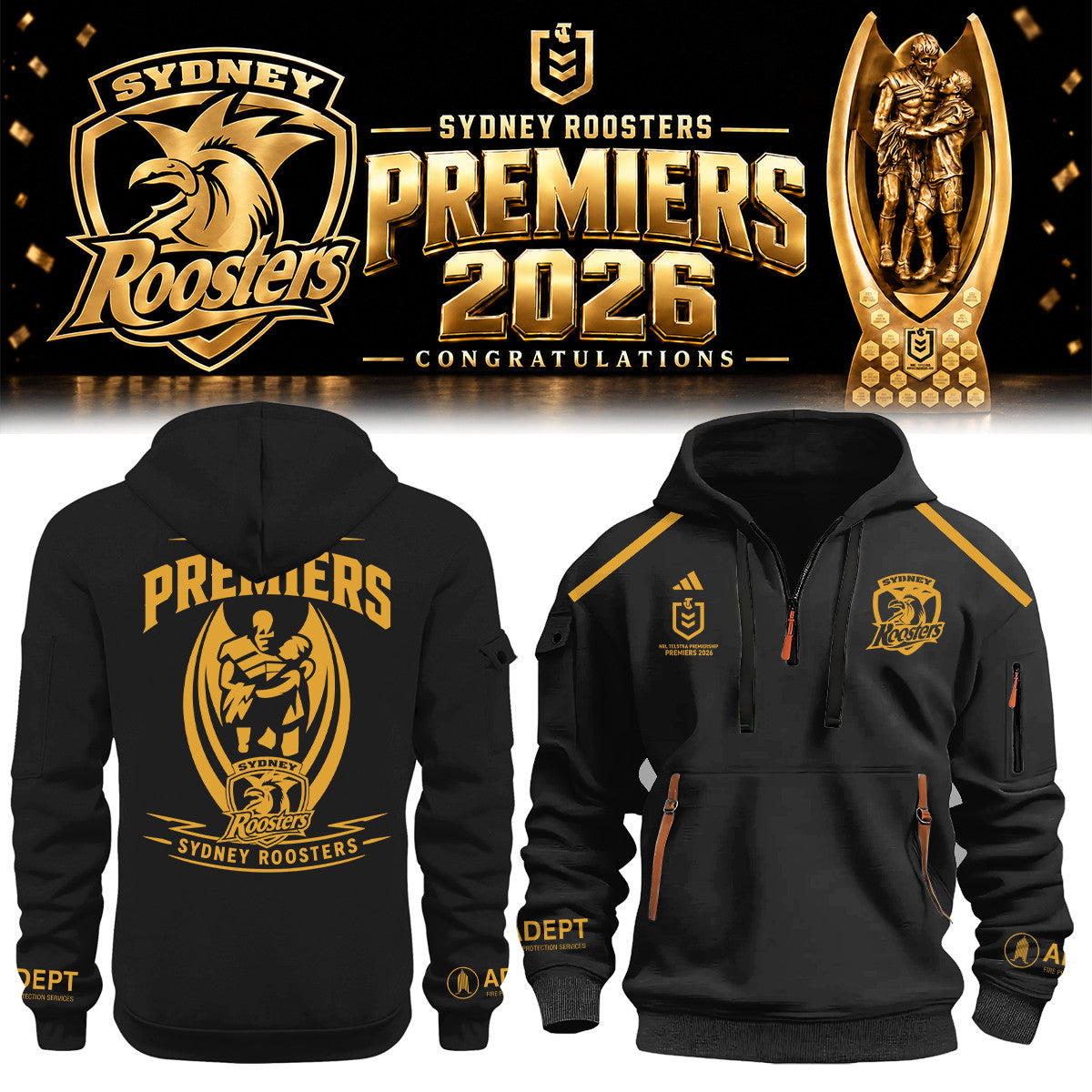 Sydney Roosters Merch 2026 NRL Premiers Half Zip Hoodie Presents For Husband - Foxy23shop
