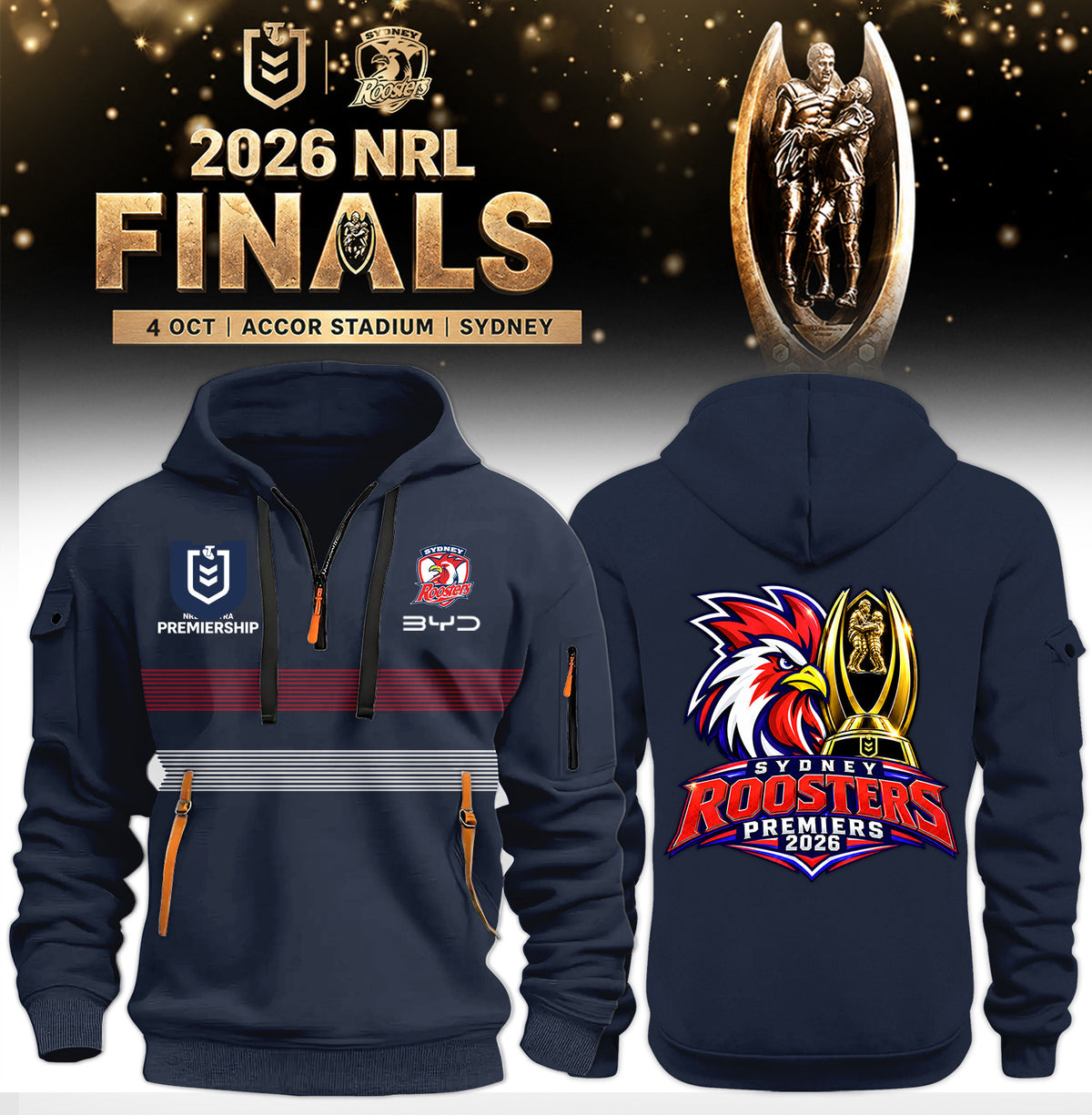 Sydney Roosters NRL 2026 Premiers Half Zip Hoodie Sydney Roosters Hooded Sweatshirt Rugby Lover Gifts - Foxy23shop