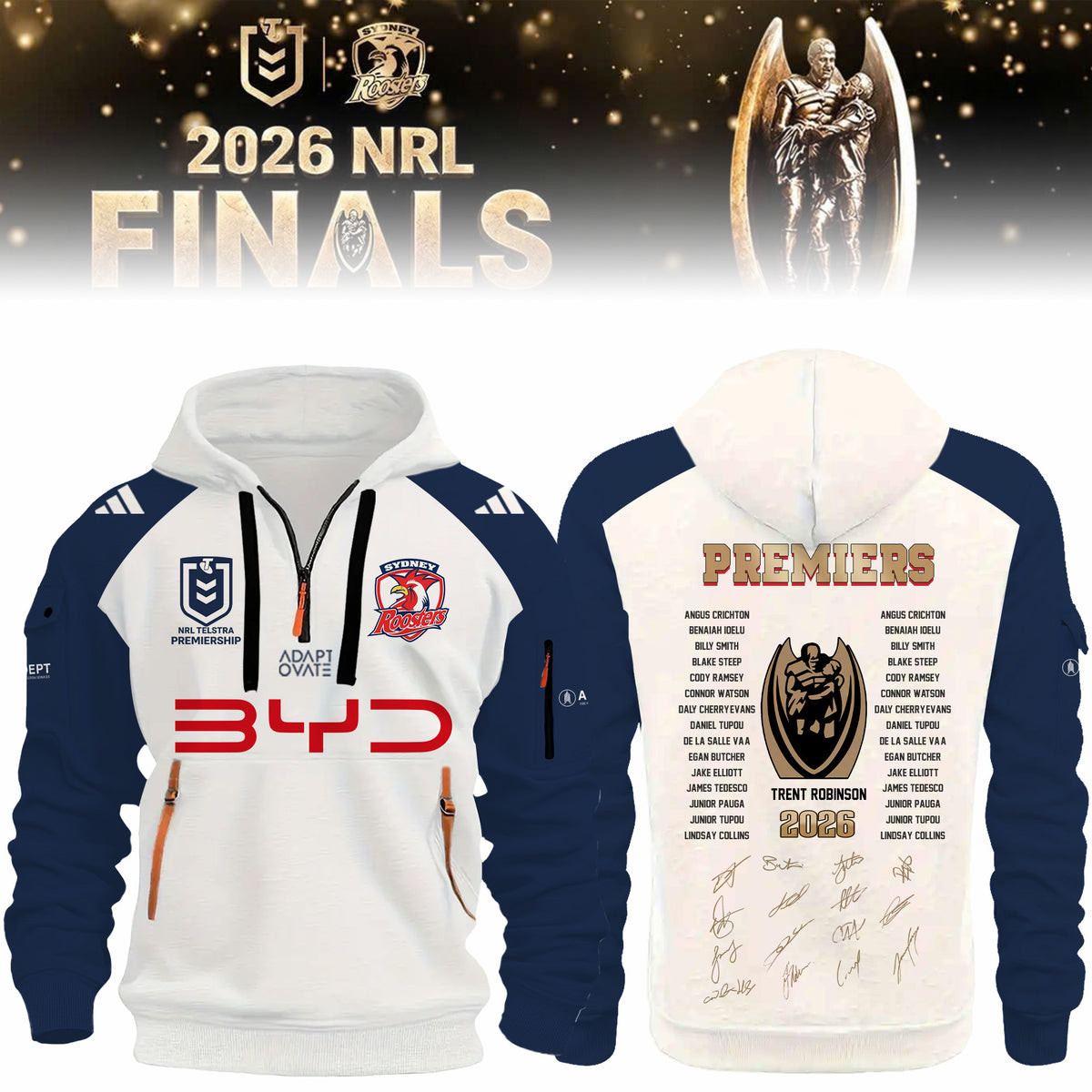 Sydney Roosters Merch 2026 NRL Premiers Signed Half Zip Hoodie Rugby Lover Presents - Foxy23shop