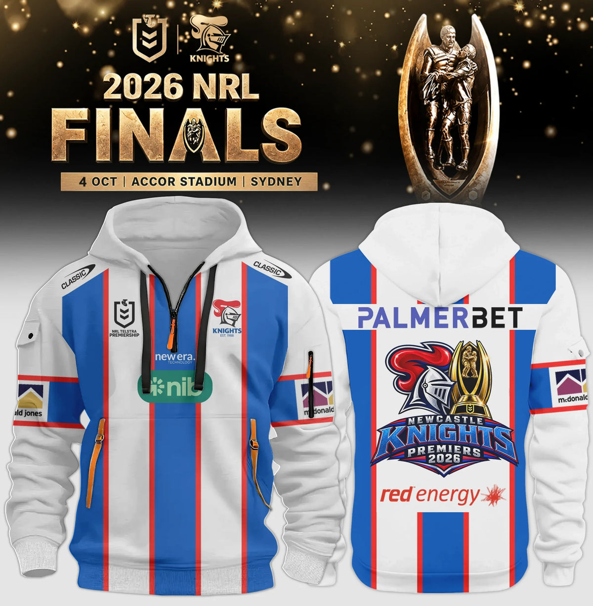 Newcastle Knights 2026 NRL Premiers Half Zip Hoodie Newcastle Knights Apparel Rugby Fan Gear - Foxy23shop