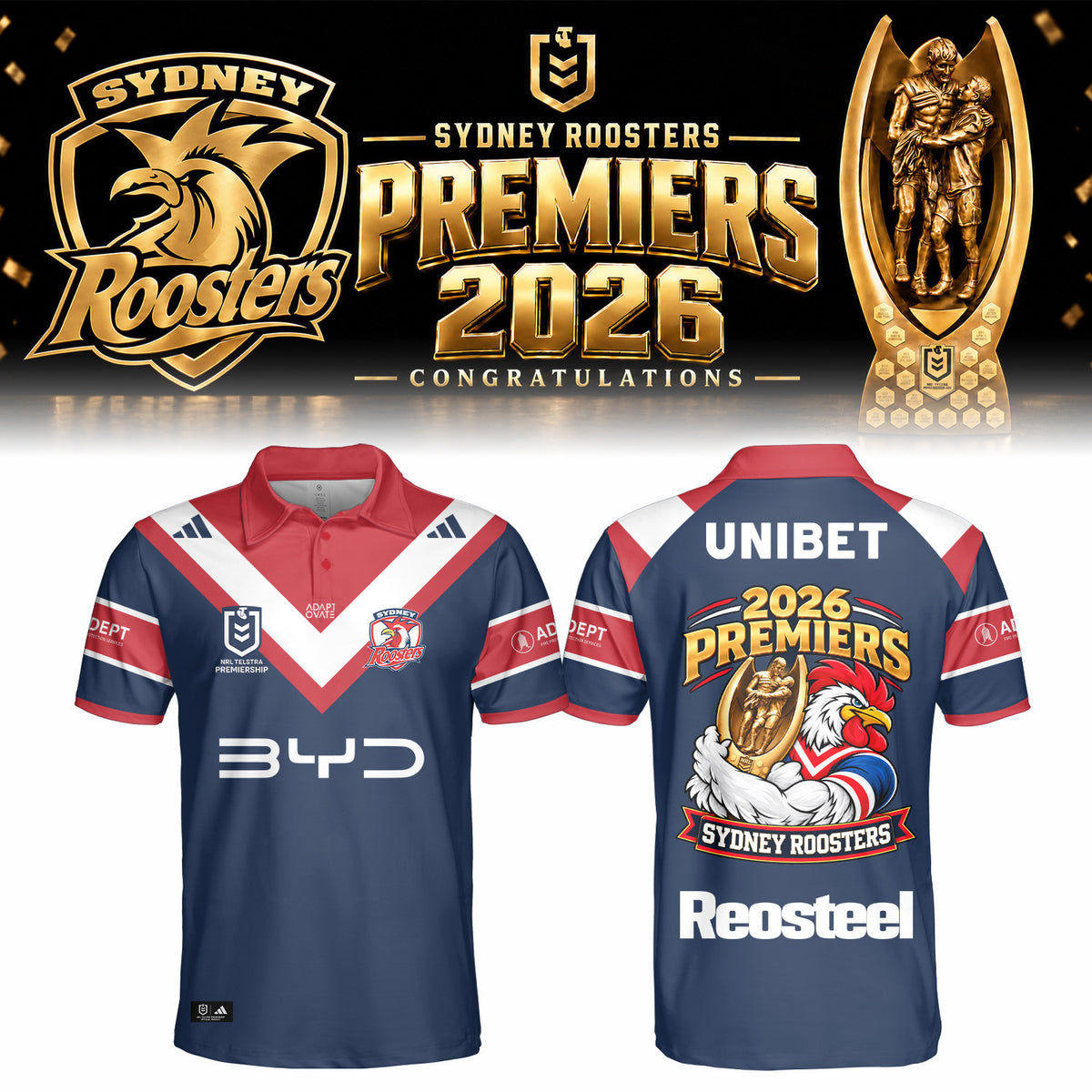 Sydney Roosters 2026 NRL Premiers Polo Shirt Sydney Roosters Clothing Rugby Fans Gear - Foxy23shop