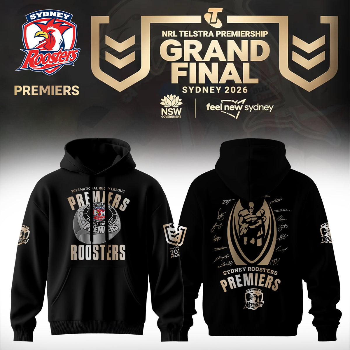 Sydney Roosters 2026 NRL Premiers Black Hoodie Sydney Roosters Merch Great Fan Gifts - Foxy23shop