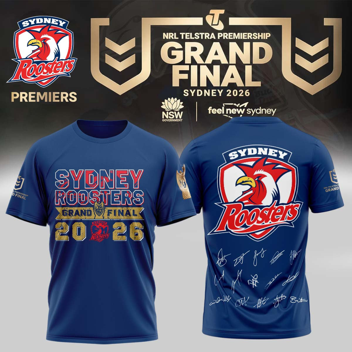 Sydney Roosters Merch 2026 NRL Premiers Signature Shirt Sydney Roosters Clothing Fan Gear - Foxy23shop