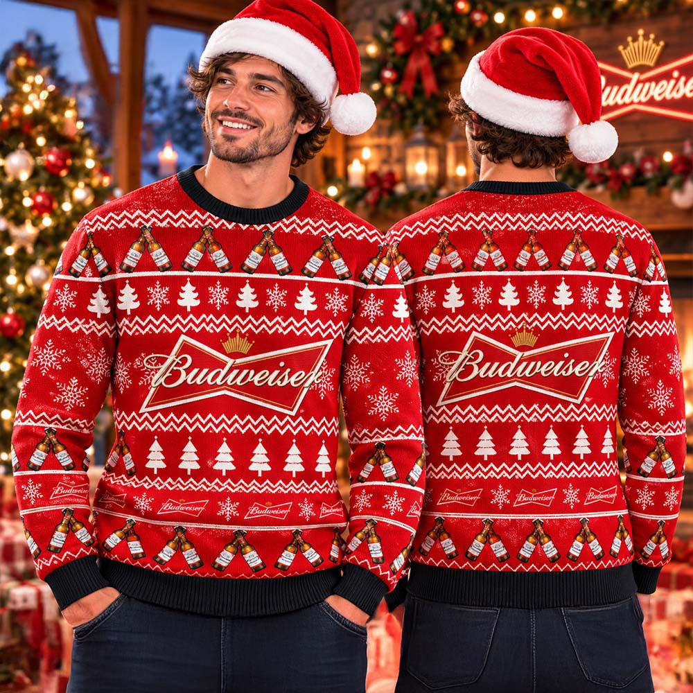 Budweiser Beer Logo Signature Red Holiday Ugly Sweater Christmas Merch Gifts For Beer Lovers - Foxy23shop