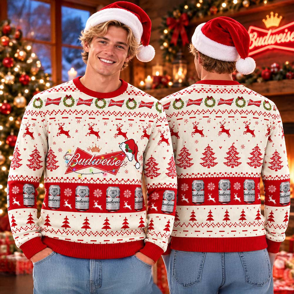 Budweiser Big Logo With Christmas Lights And Santa Hat Snowy Holiday Ugly Sweater Xmas Gift For Him - Foxy23shop