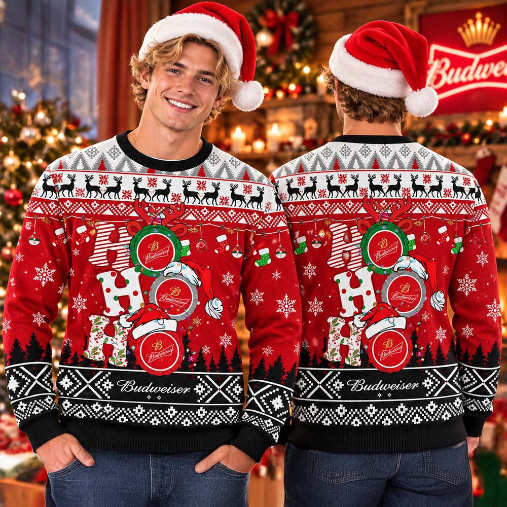 Budweiser Ho Ho Ho Snowy Funny Christmas Ugly Sweater Budweiser Xmas Clothing Gifts For Beer Lover - Foxy23shop