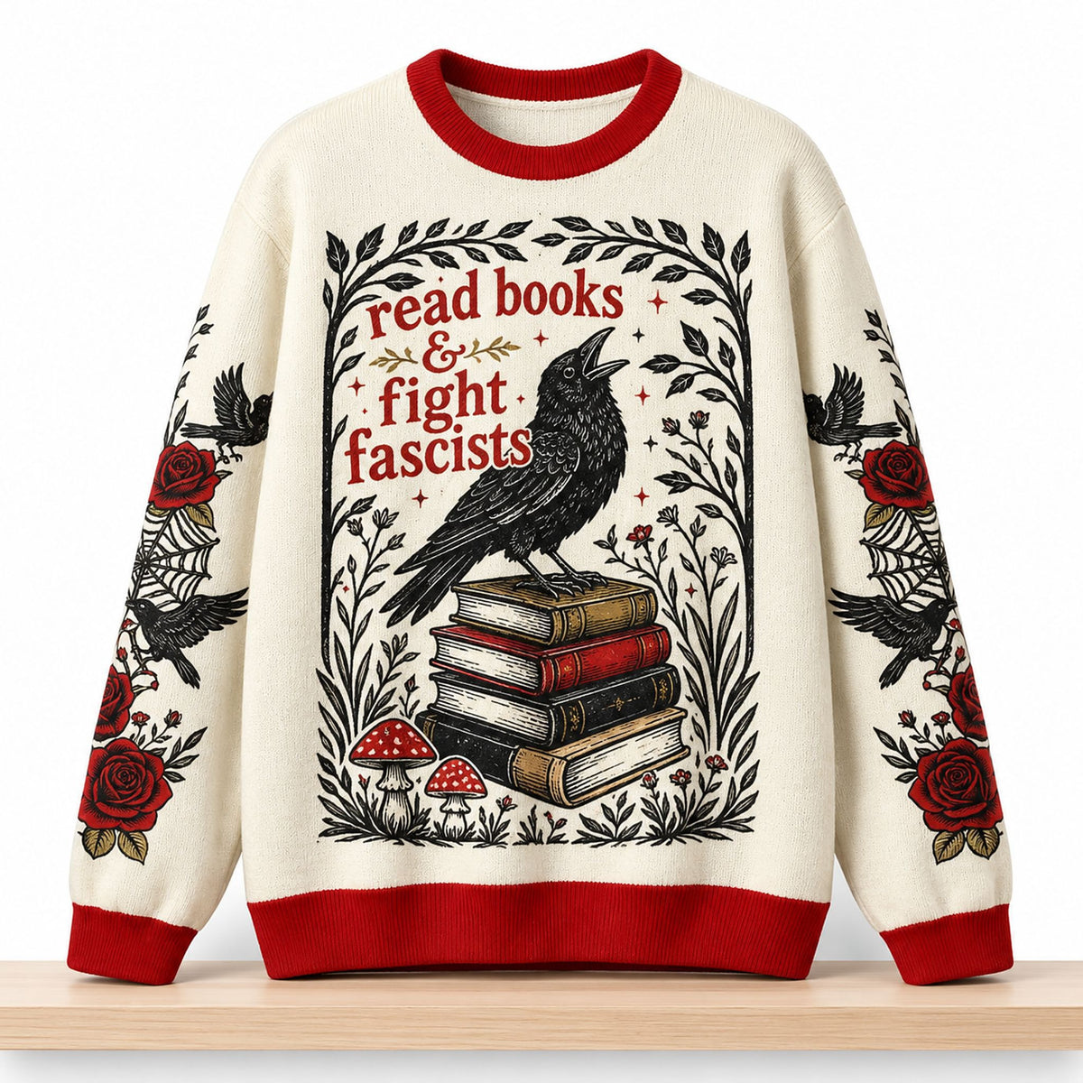 Read Books And Fight Fascists Crow Christmas 2026 Ugly Sweater Xmas Gifts For Book Lovers - Foxy23shop