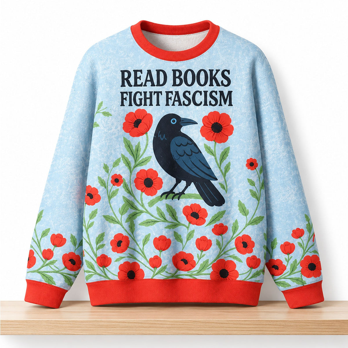 Read Books Fight Fascism Crow And Poppies Christmas Ugly Sweater Christmas Gifts For Bookworms - Foxy23shop