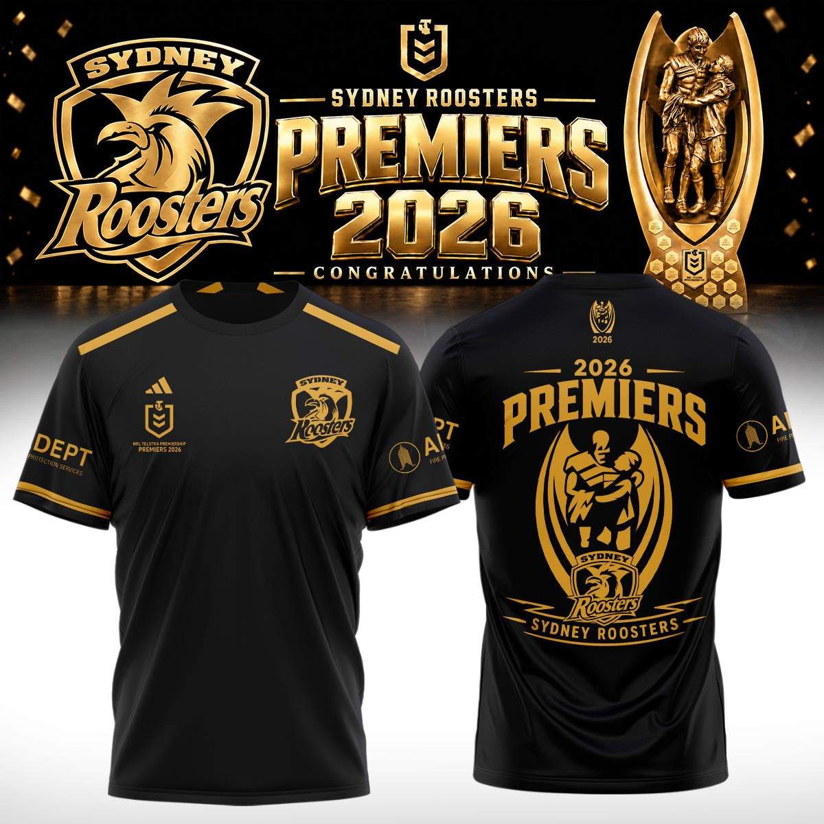 Sydney Roosters Merch 2026 NRL Premiers Black Shirt Unique Presents For Husband - Foxy23shop