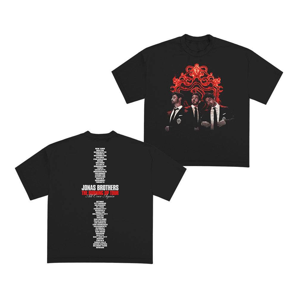Jonas Brothers Merch Burning Up Crest Tour Black T-Shirt Cool Gifts For Music Lovers - Foxy23shop