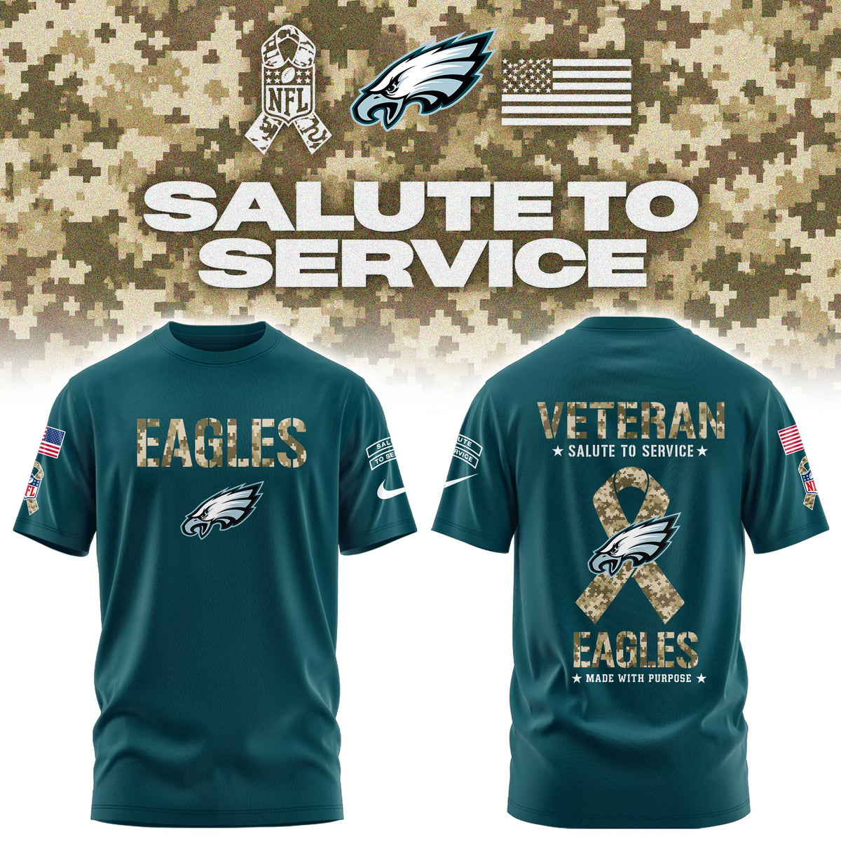 Philadelphia Eagles Merch Salute To Service Made With Purpose T-Shirt Football Fan Gear - Foxy23shop